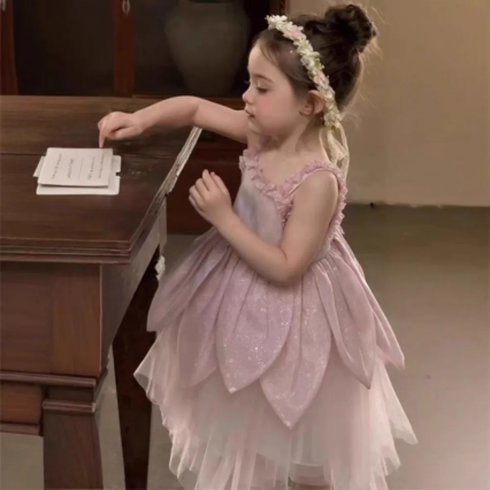 Bear Leader Pink Sweet Petal Kids Dresses 2025 Spring/Summer New Lace Mesh Spliced Birthday Wedding Party Princess Girls Dress