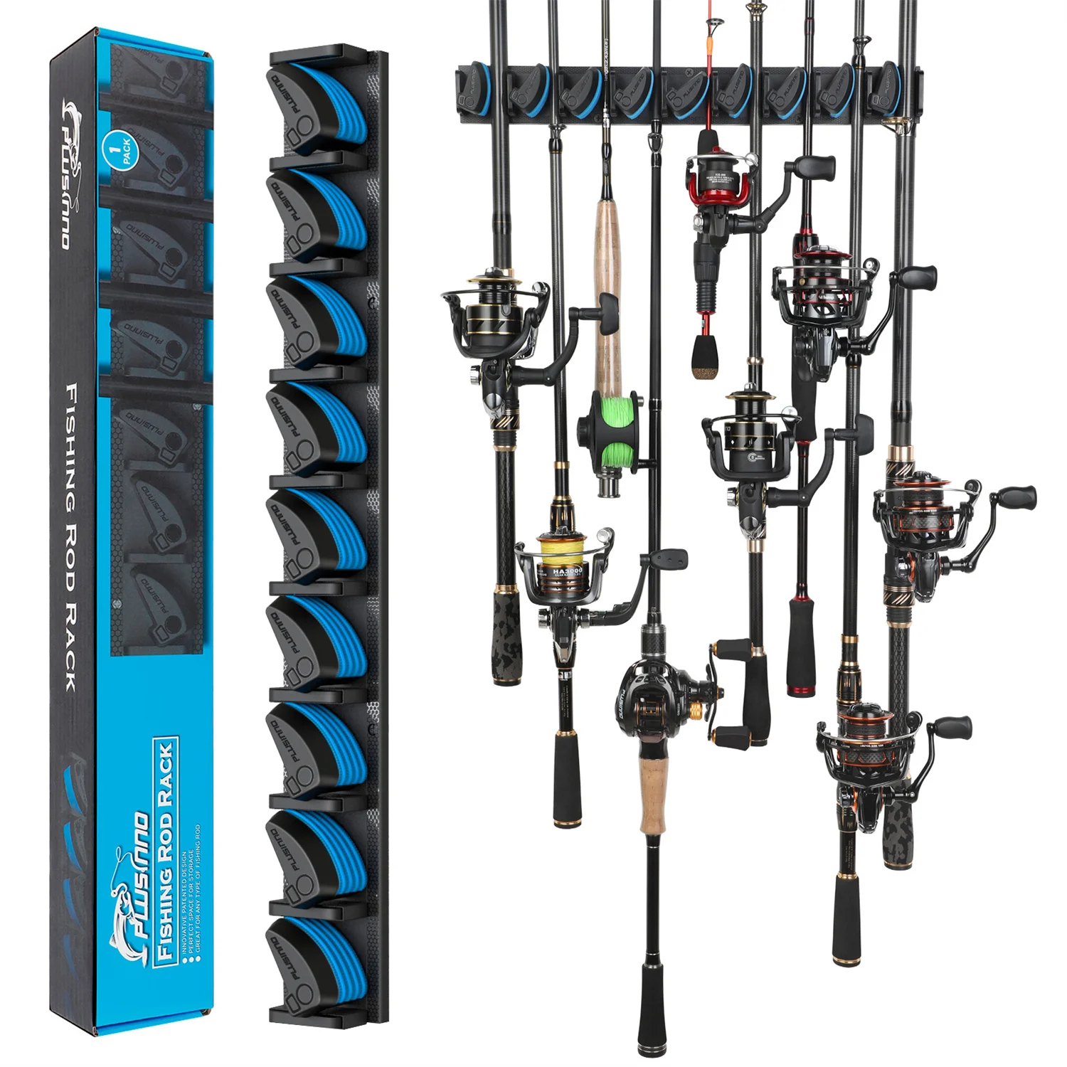 PLUSINNO Vertical Wall Mounted Fishing Rod Holder Pole Rack Holds Up to 9 Rods or Combos