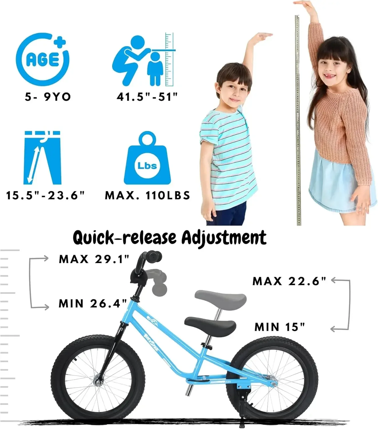 Bicicleta de equilíbrio infantil de 16 polegadas para 5 a 8 anos, bicicleta infantil sem pedais, pneus de borracha de ar, apoios para os pés, altura ajustável para grande