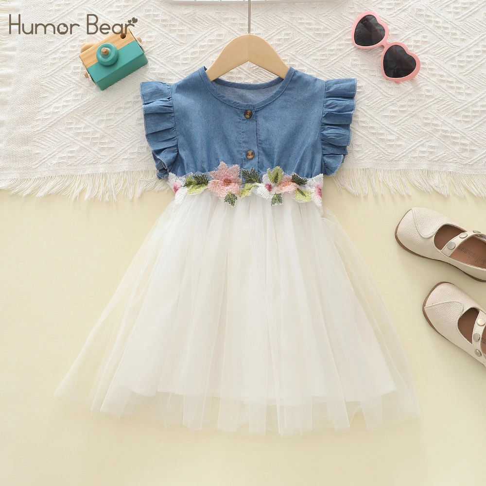 

Humor Bear Summer Jean Gauze Skirt Stitching Flowers Embroidery Decoration Flying Sleeve Casual Dress Children‘s Outfit