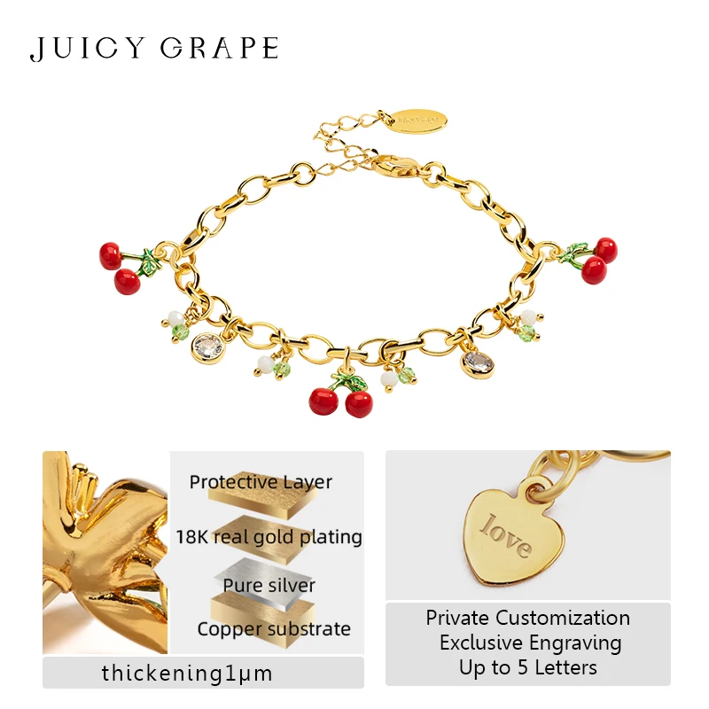 Juicy Grape Cherry Bracelet Fruit Pendant Bracelet Adjustable Bracelet Handmade Enamel Bracelet Plated with18K Real Gold Gift