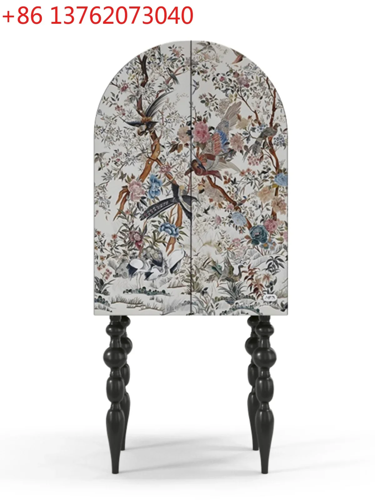 Vitrina de Pared con Pintura Lacada Vintage de Flores y Pájaros, Mueble de Almacenamiento con Patas Altas y Cajones