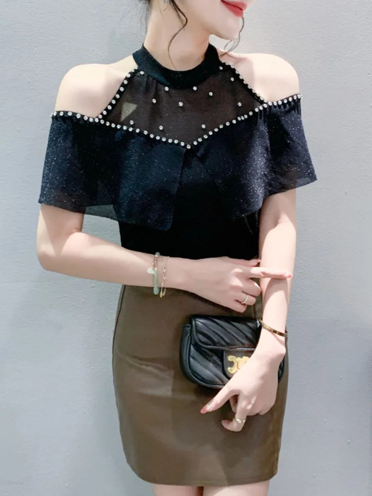 #5734 Black Purple Rose Red Mesh Off Shoulder T Shirt Women Round Neck Split Joint Ruffles Short Tshirt Thin Tee Shirt Elastic