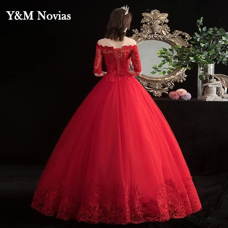 Elegante Boothals Vestido De Noiva 2022 Nieuwe Rode Trouwjurk Met Mouwen Lace Up Applicaties Plus Size Eenvoudige Bruid baljurk