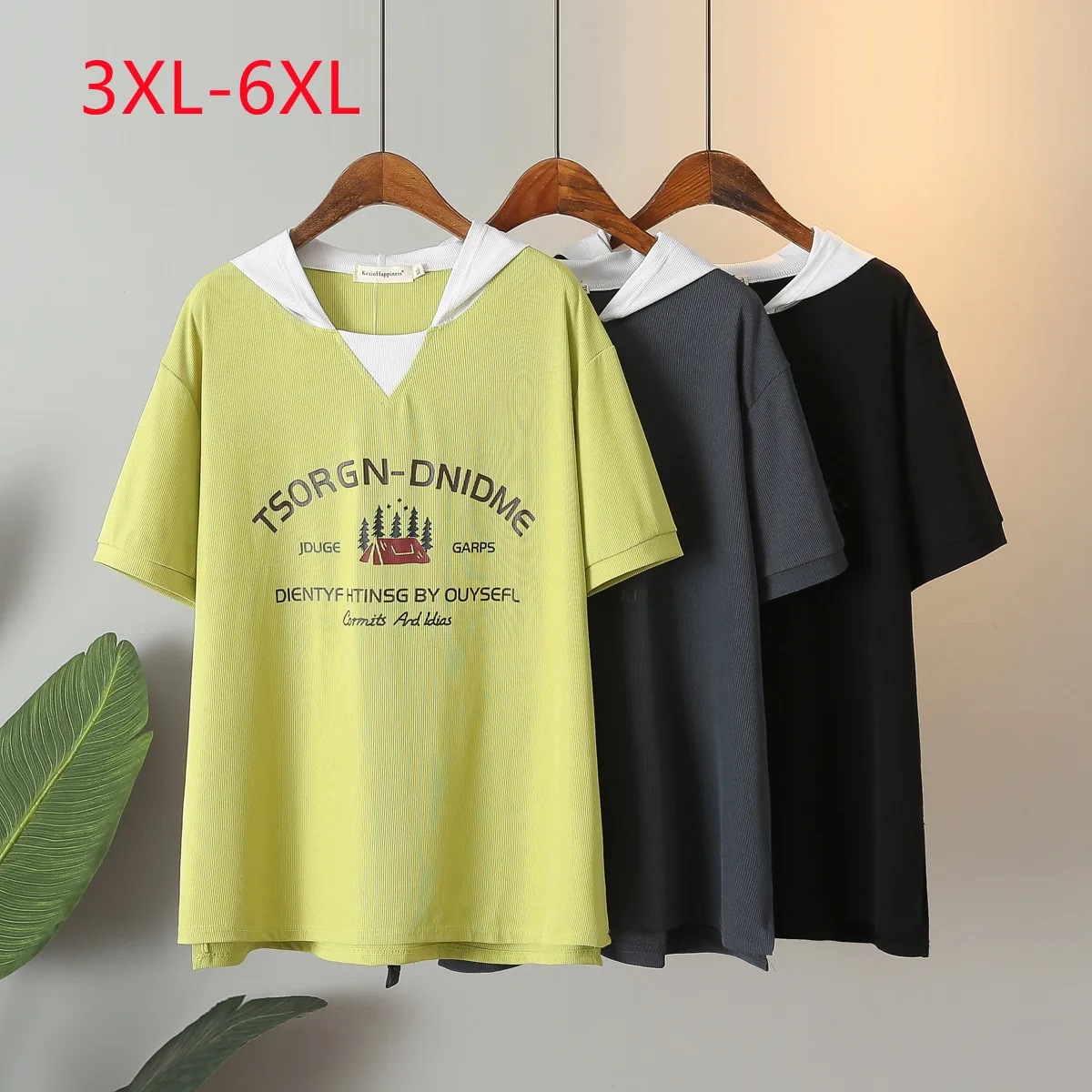 

New 2023 Ladies Spring Summer Plus Size Tops For Women Large Size Short Sleeve O-neck Hooded Gray T-shirt 3XL 4XL 5XL 6XL