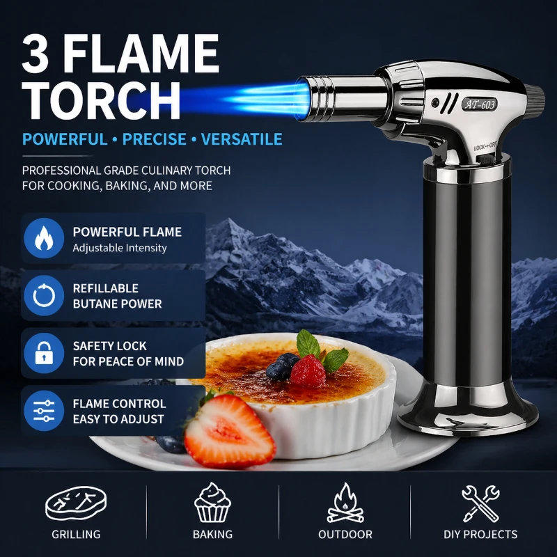 Windproof Three Flame Spray Gun Welding Gun Lighter Barbecue Camping Kitchen Baking and Other Multi Scene Use of Lighters