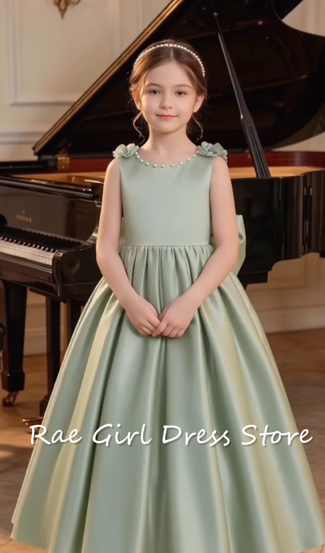 Floor Length Flower Girl Dress A‑Line Puffy Satin Gown Sleeveless Pearl Neckline 3D Floral For Wedding Birthday Customized