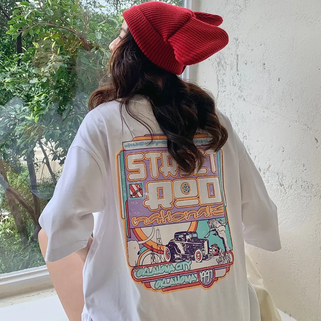 

Women's Trendy Brand Mid-Length Short-Sleeved T-shirt Front And Back Letter Print Loose Slimming Top for Spring And Summer