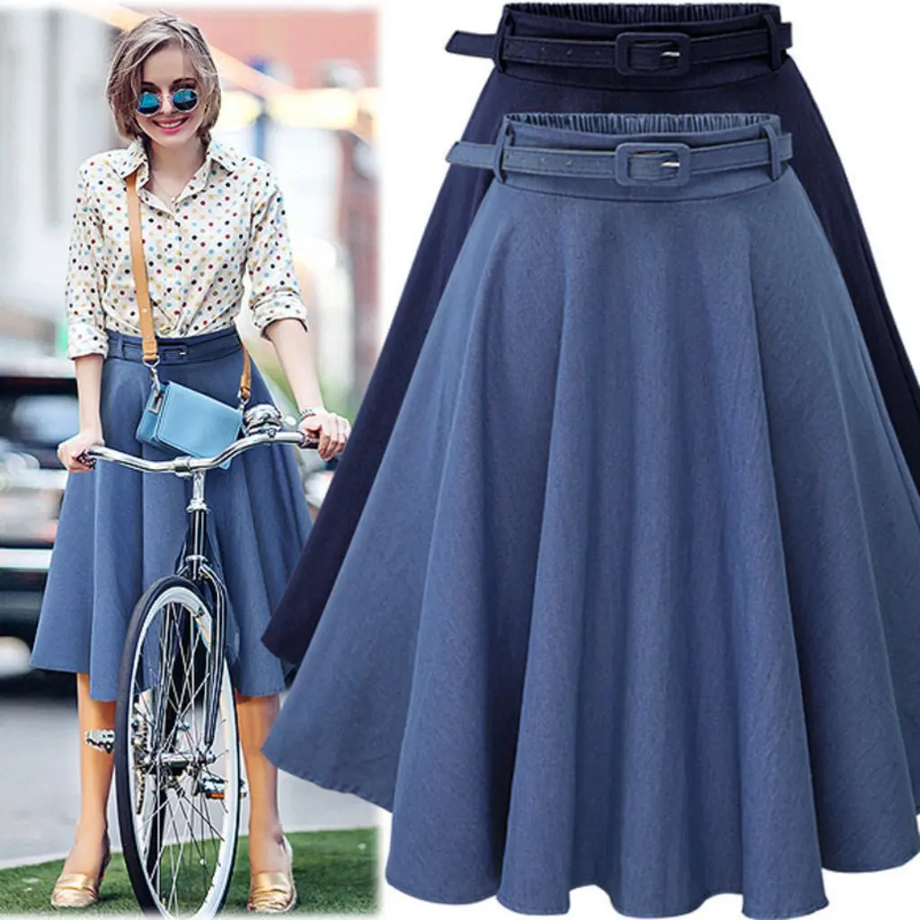 

Women's High Waist A-Line Knee-Length Denim Skirt Solid Color Spring Summer New by