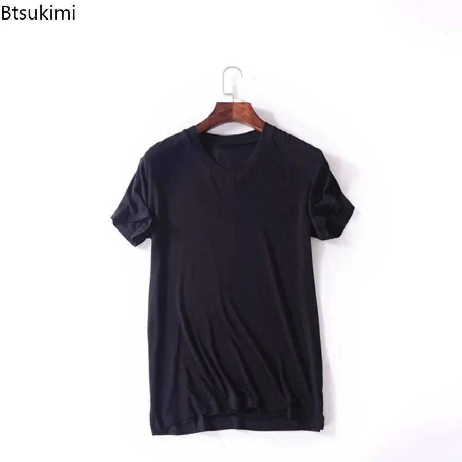 الرجال الصيف مشروط القطن الصلبة تي شيرت غير رسمي مريحة لينة قصيرة الأكمام بلوزات على شكل حرف v الرجال فضفاض قاع القمصان ملابس المنزل #4