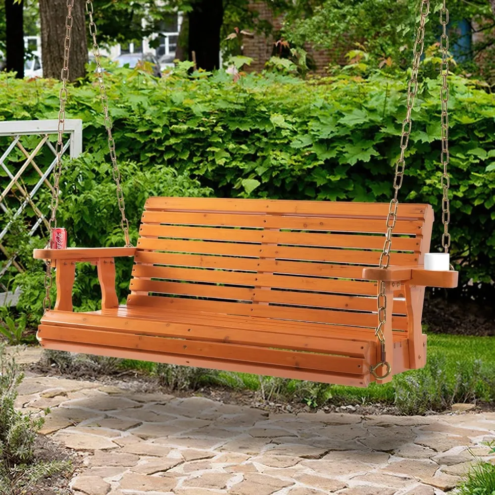 

Porch Wooden Swings with Chain - Outdoor Finished Hanging Bench Swing Chair Furniture 2 Seater, Natural for Garden, Courtyard