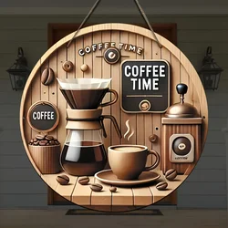 1 vintage wooden coffee time sign, 2D coffee machine and pour coffee wall decoration, suitable for cafe and kitchen