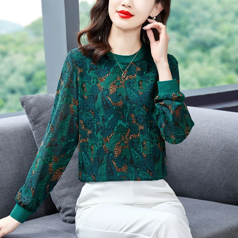

Elegant Fashion Women Clothing Spring Long Sleeve Printed Shirt Stand Collar Women Tops Office Lady Chiffon Blouse