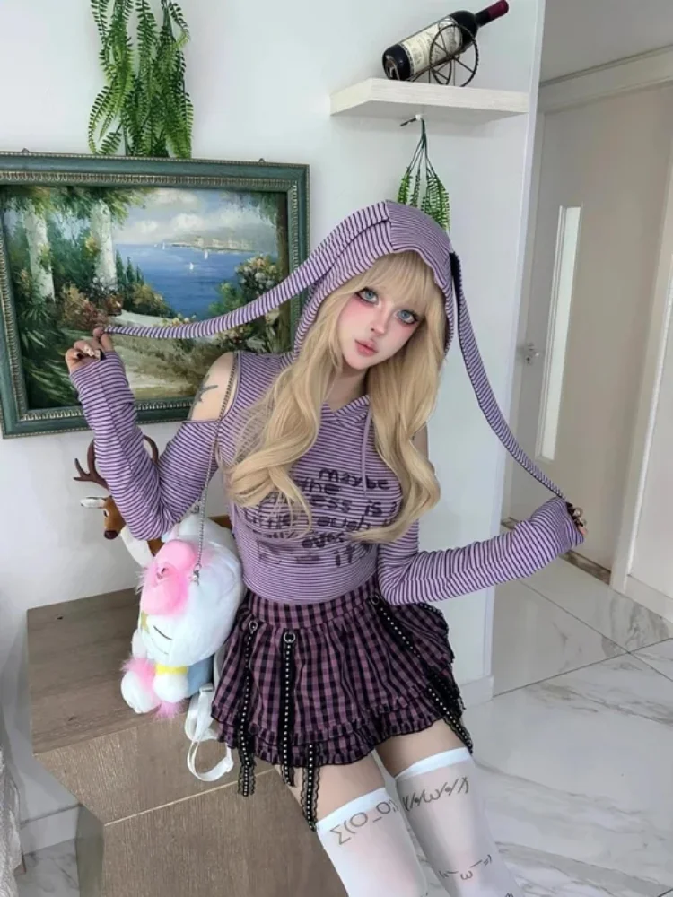 

American retro striped bunny ear women T-shirt autumn y2k Harajuku spicy girl slim fit off shoulder hooded long sleeved T-shirt