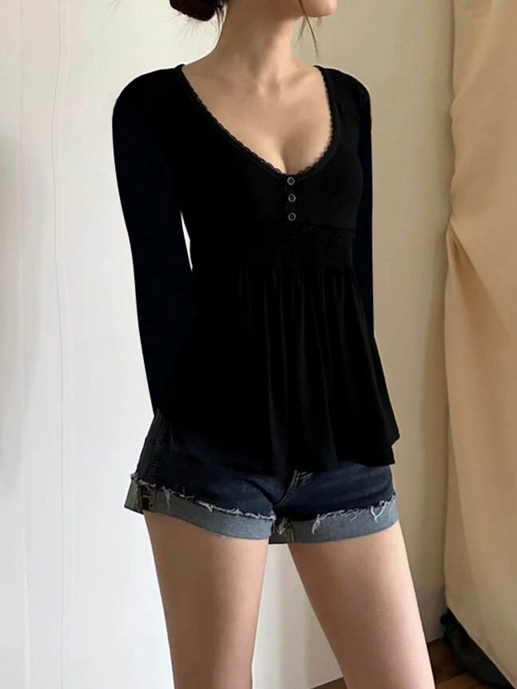 Y2k Aesthetics Lace Patchwork T-shirt Women Harajuku Casual Vintage Pleated Tops 2025 Autumn A-line Grunge Flare Sleeve Tees
