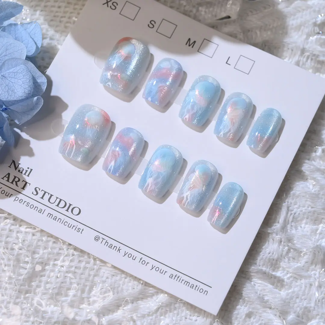10 stuks vrouwen meisjes dromerige vissenstaart kwallen nieuwe handgemaakte cat eye druk op nagels afneembare tiener draagbare nail art nepnagels