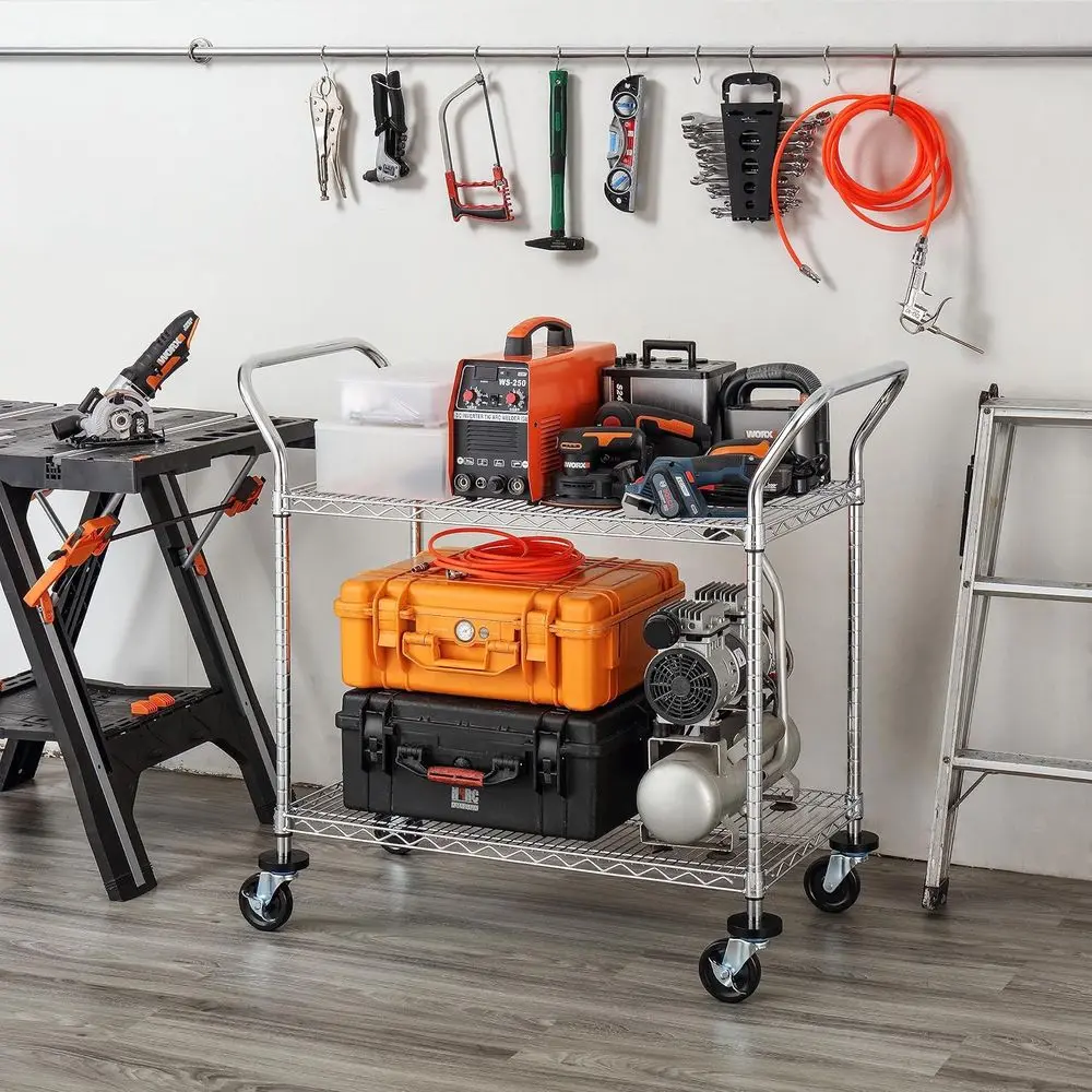 Коммерческая 2-уровневая универсальная тележка — сверхмощная, колеса и ручка, вместимость 500 фунтов, полки 20x36, сертифицированная NSF