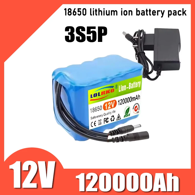 3S5P 12V 120000mAh 18650 Lithium ion Rechargeable Battery with BMS Lithium Battery Pack Protection Board+Charger