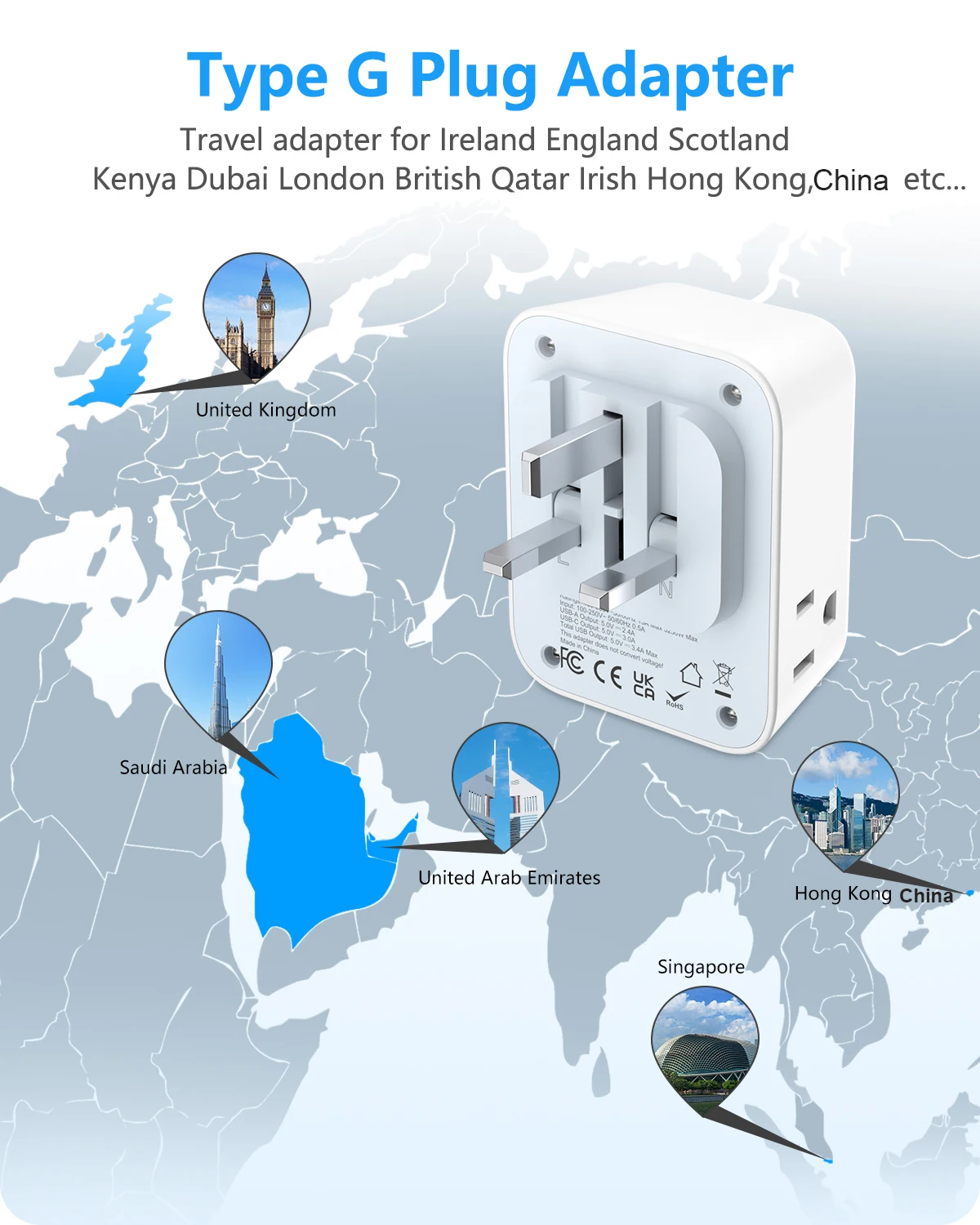 Encent-国際タイプg電源プラグアダプター、旅行用usからukへ、4コンセント付き電源アダプター、2usb-c、5v、3a