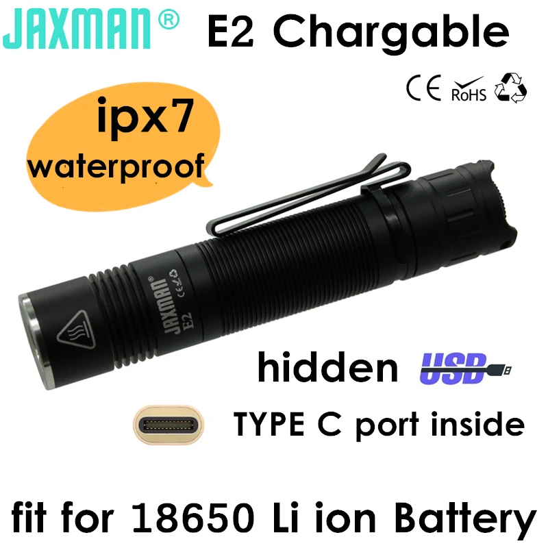 JAXMAN E2 TYPE C Charging CREE XML2 Nichia 219 18650 LED Flashlight Portable Small Light FREE SHIPPING