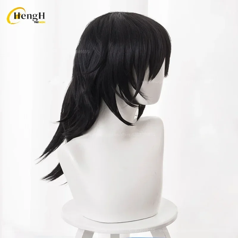 40cm Long Tomioka Giyuu Synthetic Hair Anime Black Ponytail Cosplay Wig With Stickers Heat Resistant Hair Halloween Party Wigs