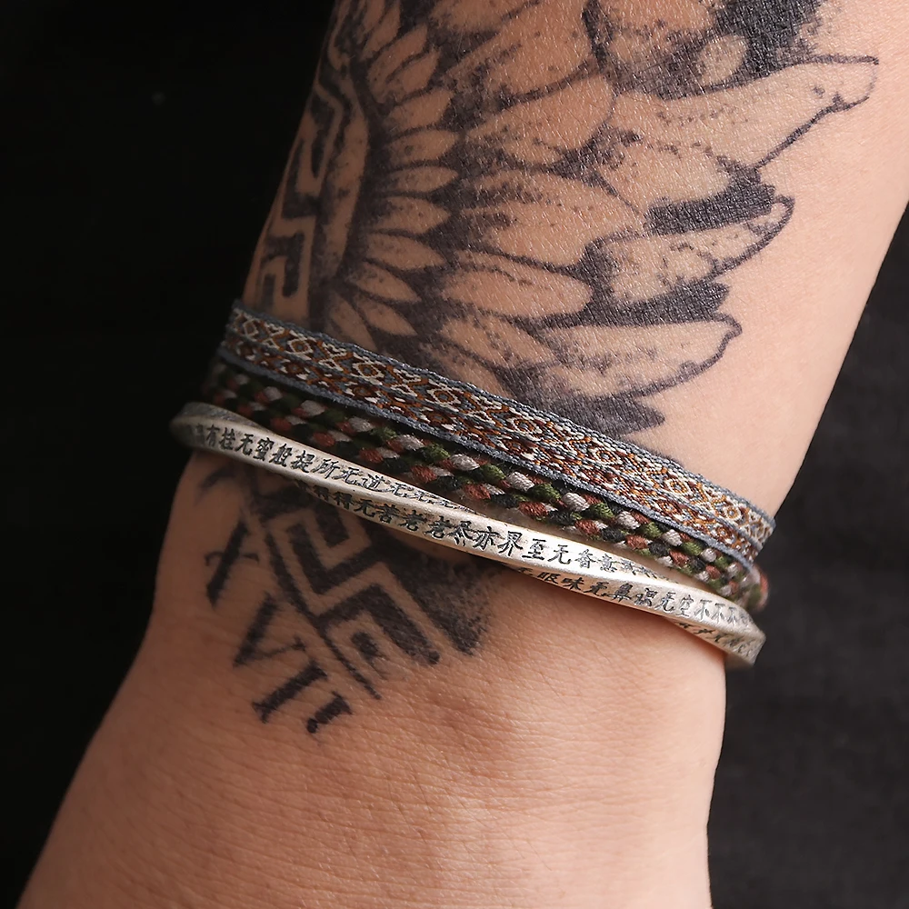 

3pcs/set 999 Pure Silver Heart Sutra Twisted Cuff Bangle Ethnic Tibetan Buddhist Lucky Braided Fabric Bracelet Vintage Jewelry