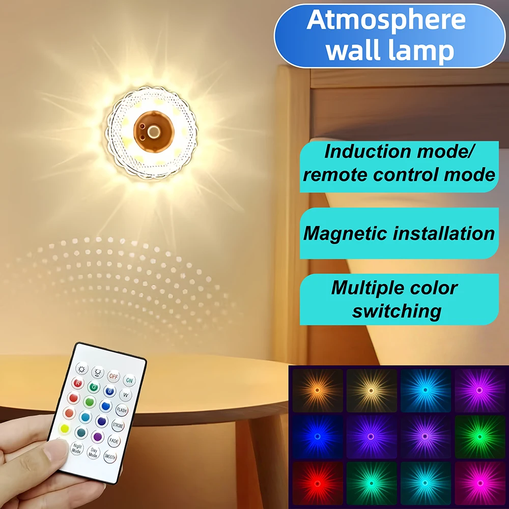 16-Color Atmosphere Light Motion Sensor Wall Light With Remote Control Night Light RGB Color Changing LED Light for Bedroom Bar