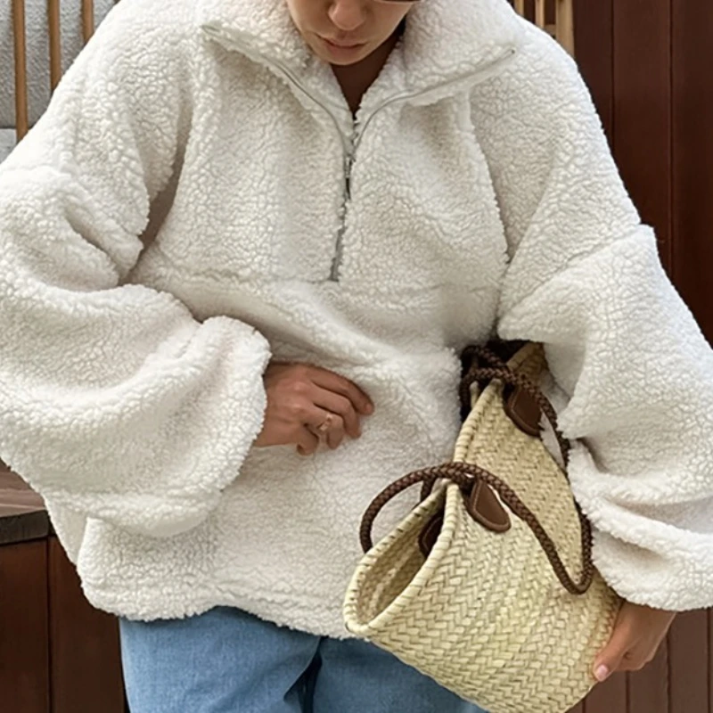 Cordero Cachemira Polo Sweatershirt Jersey suéter 2025 Otoño Invierno nuevo cuello Ipper Beige felpa Cachemira mujer Tops Jumper