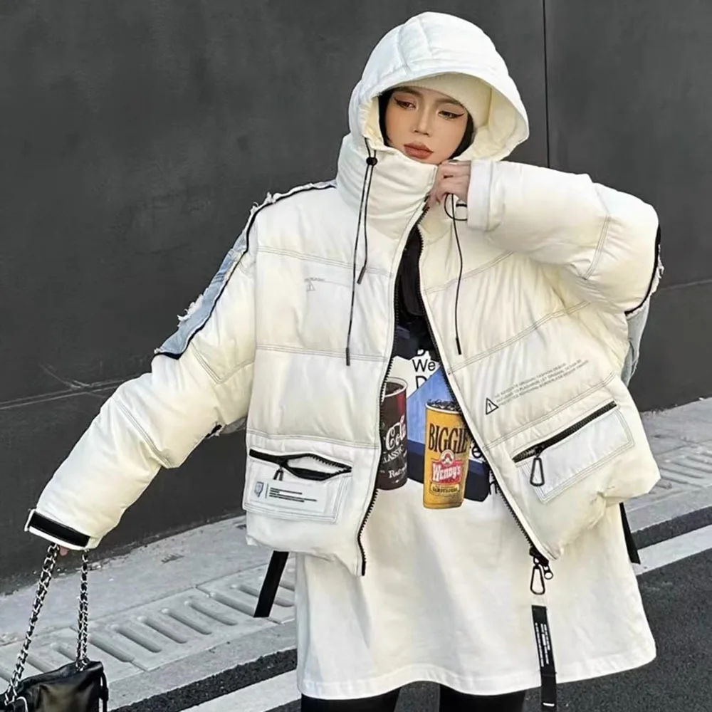 Korean Hooded Winter Parka 2024New Down Jacket Women\'s Short Stand Collar Thicken Denim Splice Casual Fashion Cotton Coat Trend