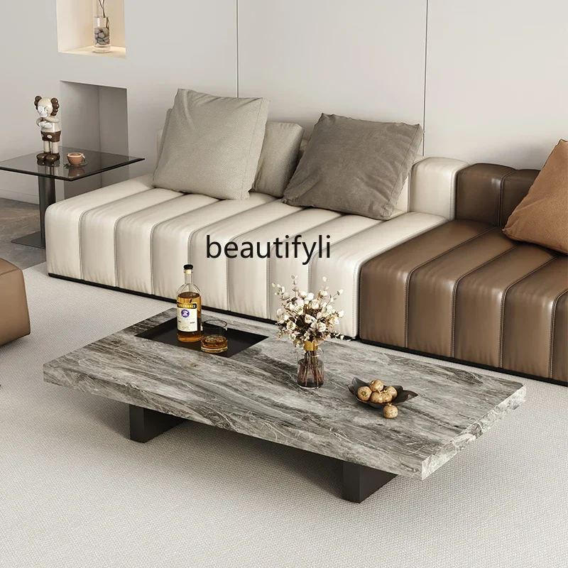 

Modern Minimalist Living Room Home Office Stone Plate Rectangular Coffee Table Side Table Combination