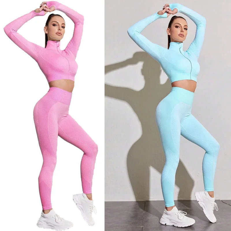 New Women's Slim Fit And Slimming Three Piece Set Seamless Zipper Long Sleeved Yoga Jacket Sports Fitness Yoga Set