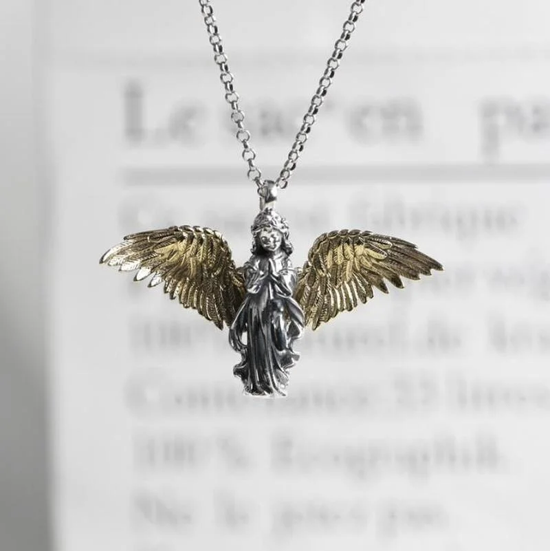 Vintage Gold color Wings Silver Color Angel Girl Distressed Pendant Necklace Charm Prayer Amulet Angel Girl Necklace