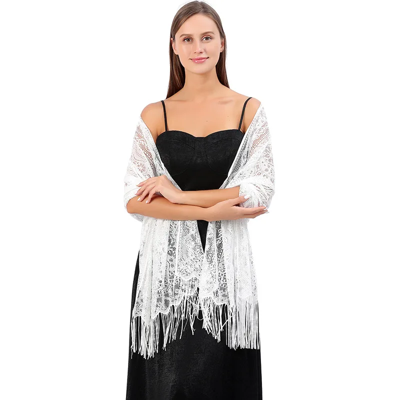 Lady Hollow Out Kanten Sjaal voor Party Vrouwen Zomer Bikini Sjaal Kwastje Effen Kleur Moslim Hoofddoek Vakantie Ademend Strand Wrap