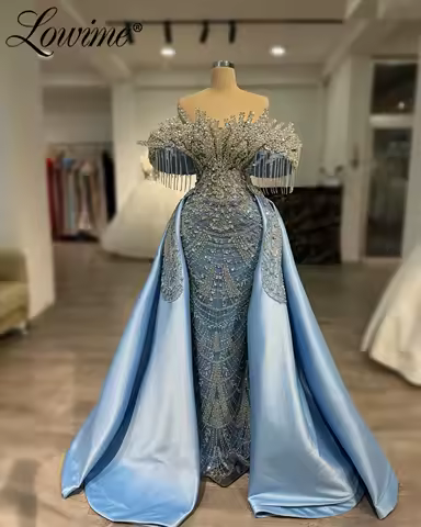 Blue Arabic Prom Dress Crystals Tassel Evening Dresses Customized Mermaid Party Second Reception Birthday Engagement Gowns Robes