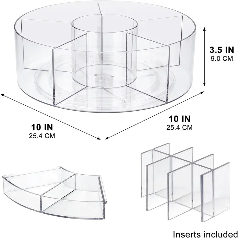 360 °   Organizador de maquiagem rotativo, mesa giratória transparente de 10 polegadas, organizador preguiçoso susan, suporte giratório de armazenamento de cosméticos com 6 divisórias jaf225