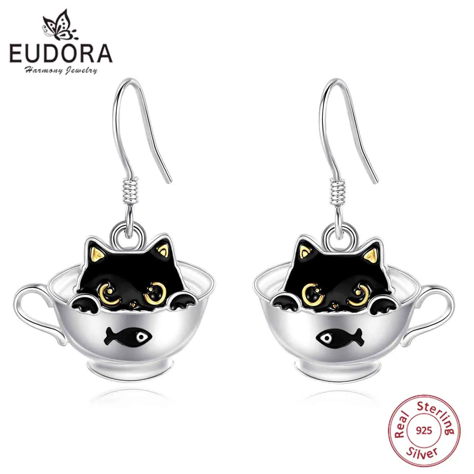 

Eudora 925 Sterling Silver Cat inside Cup Drop Earings for Women Girl Cute Cat Fish Earing Fine Animal Charm Jewelry Party Gift