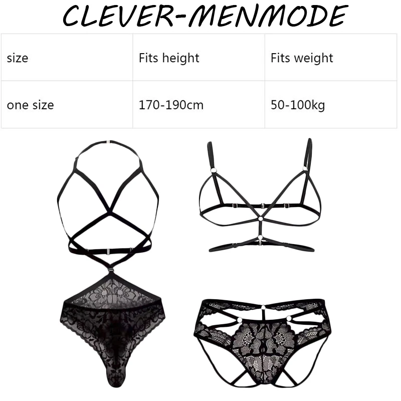 Sexy Mesh Adjustable Hollow Bodysuit Bondage Crop Top Open Crotch Lingerie Suspender Sissy G-String T Back Open Chest Bra Set