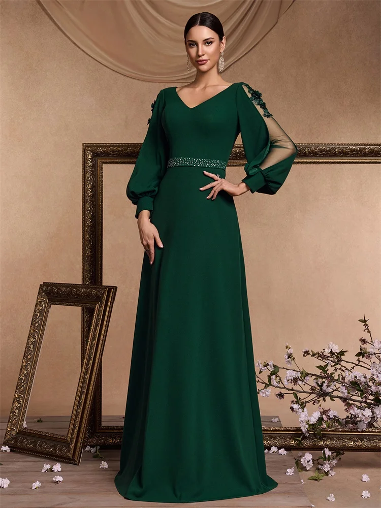 

BLUEPLUM Luxury Empty Long Sleeves Green Floor Length Formal Evening Dress Women Elegant Weedding Party V-neck Cocktail Prom