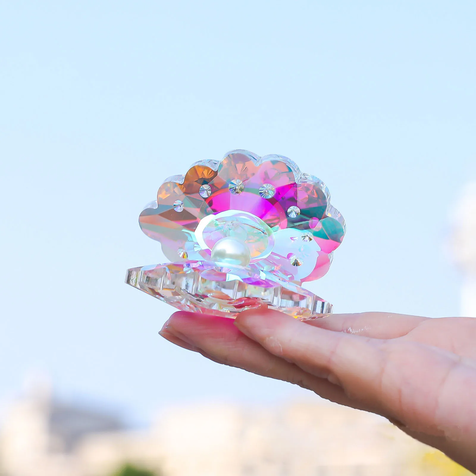 Sunshine Bling Crystal Conch Shell with Pearl Sun Catcher Pearl Clam Ornaments Seashell Figurine Collectible Desk Decor ﻿