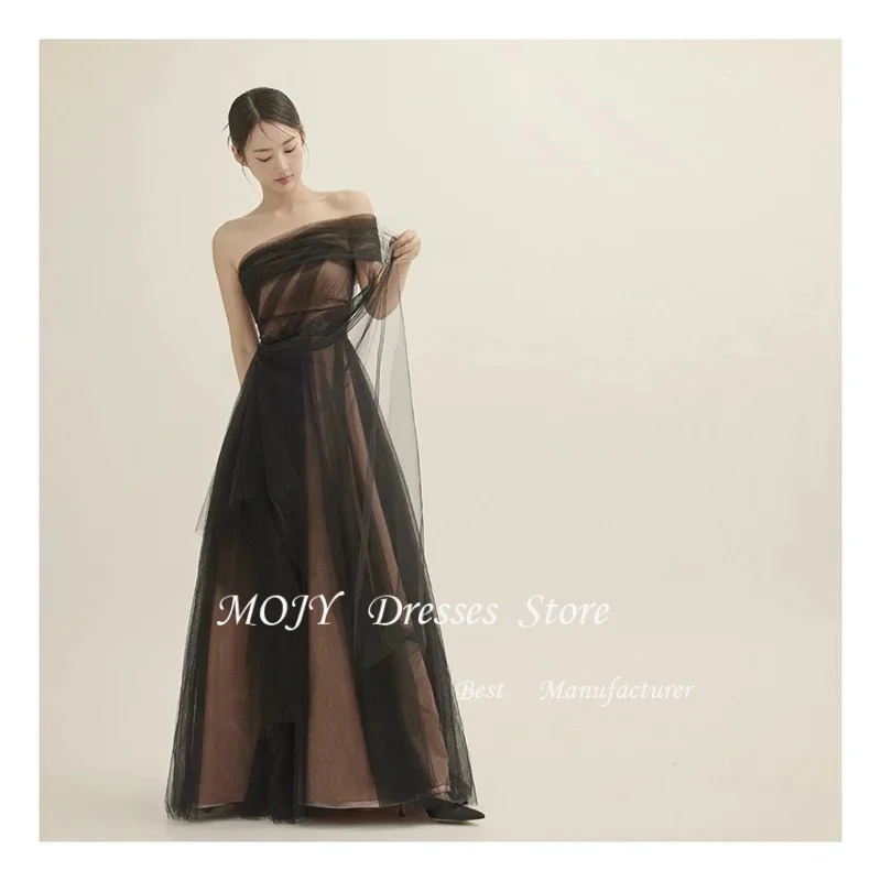 Mojy personalizado simples preto praia coreia senhora vestidos de baile tule um ombro até o chão vestido de noite formal 이