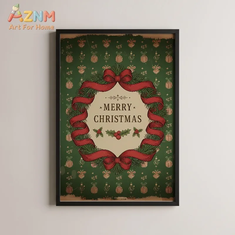 Vintage Merry Christmas Canvas Wall Art Retro Xmas Wreath Red Ribbon Holly Berries Print Holiday Home Decor Unframed Art Poster