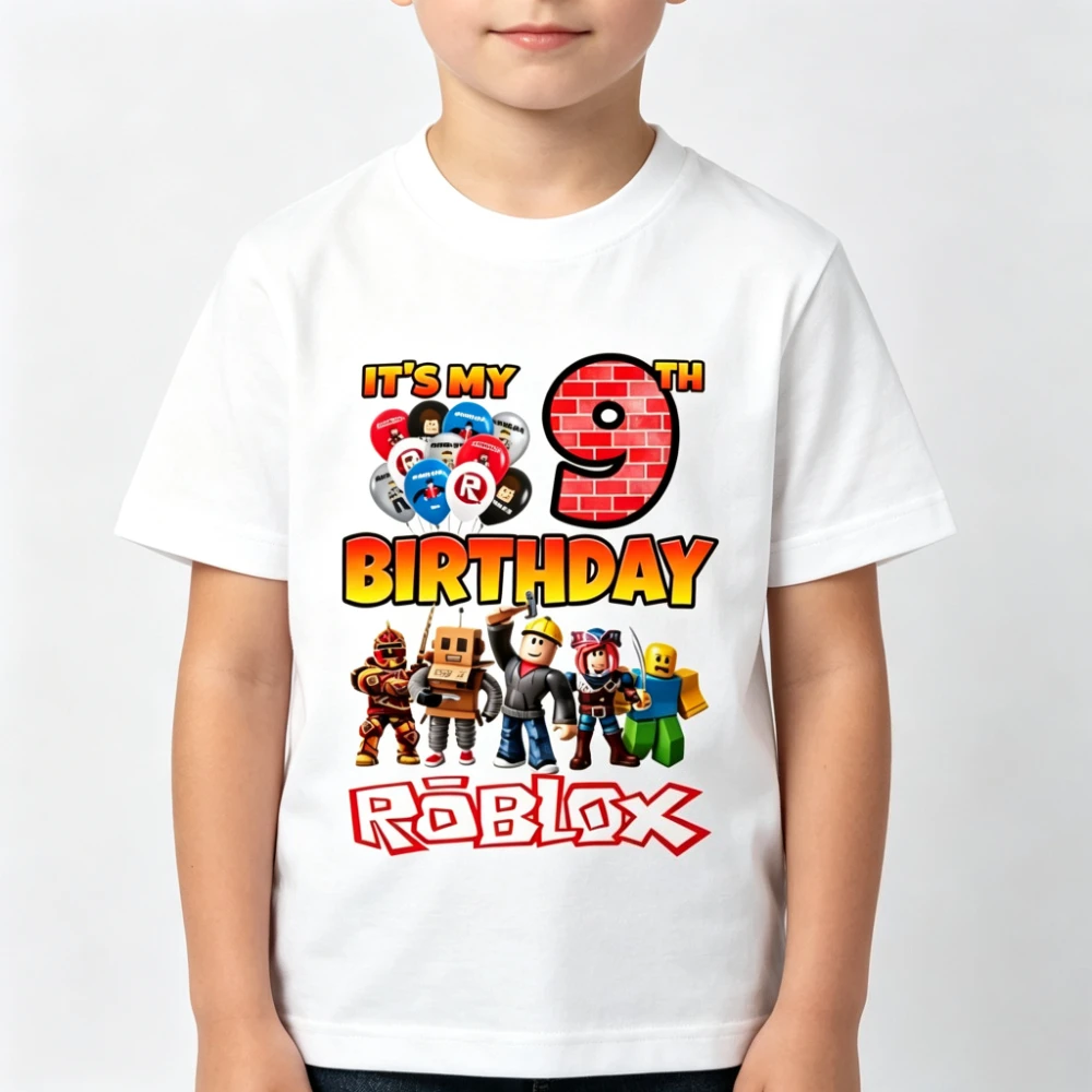 2026 New Roblox Game Kids Cartoon Birthday Number Pattern Cotton T-Shirt Casual Short Sleeve Summer Children's Birthday Gift