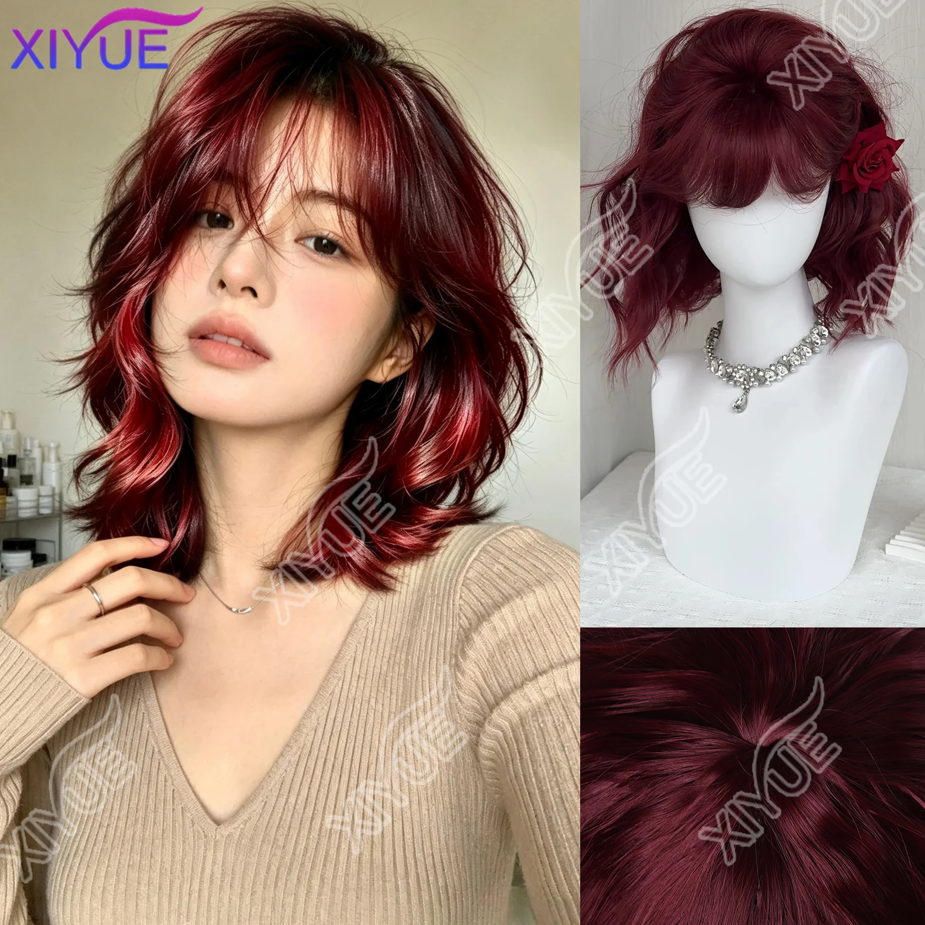 XIYUE 14inch Short Wavy red Bob Synthetic Wig with Air Bangs Heat Resistance Shoulder Length Curled Wigs for Daily Use