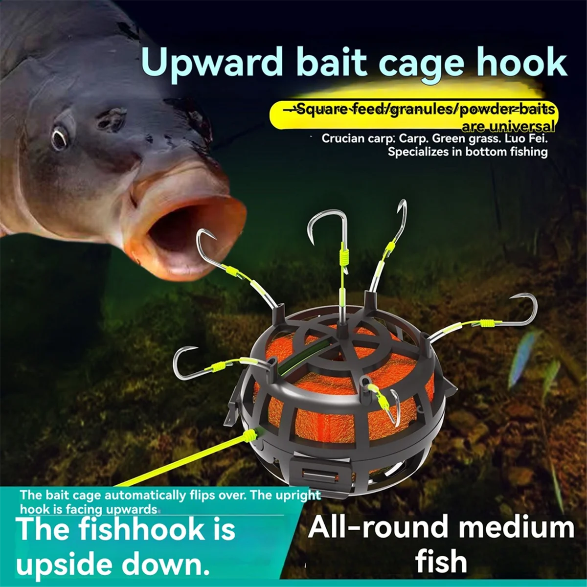 ABFI Reverse Bottom Bait Cage Angelhaken 360° °   Rotierendes Karpfen-Feeder-Rig mit 6 Haken für Karpfen-Wels