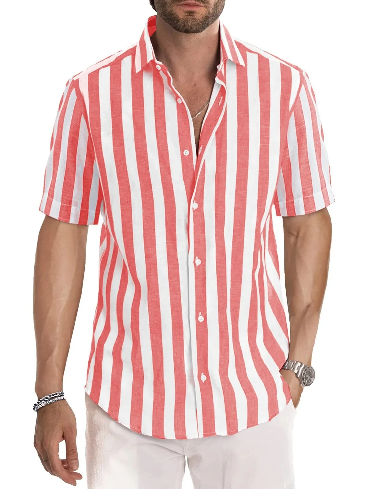 Men's Hawaiian striped shirt, casual loose, breathable, beach party, 2024, 3D