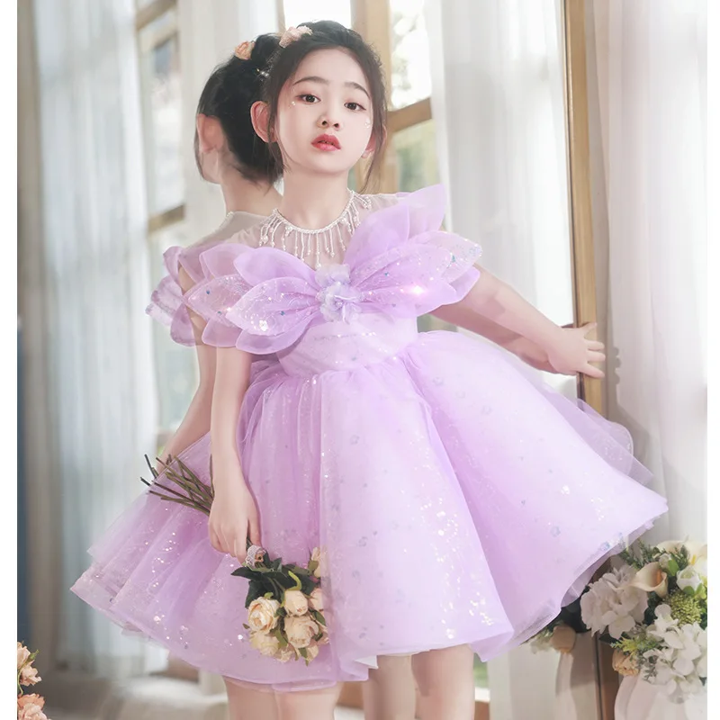 

Girls' Dresses 2024 New Children's Flower Princess Pearl beading Sequin Purple Short sleeve Luxury Fluffy Carnival Ball dress