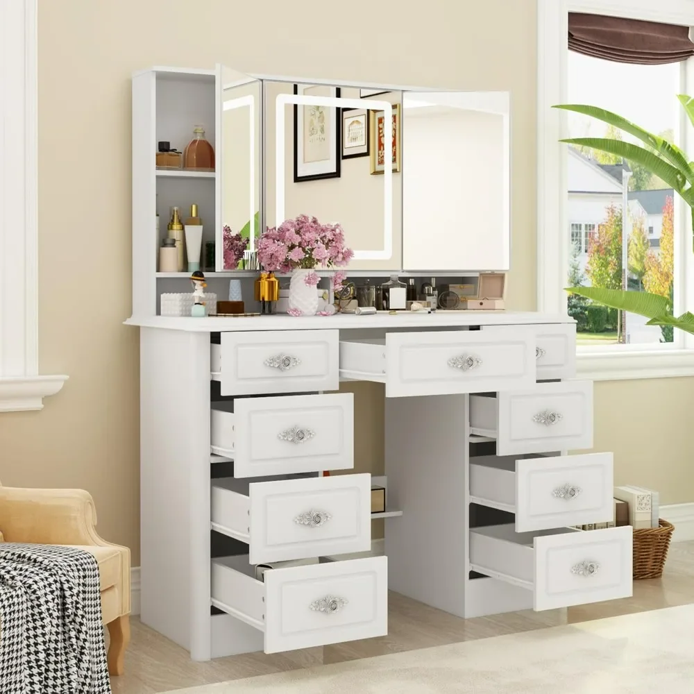 Modern dressing table with 9 drawers, hidden shelves and foldable mirrors, 3 colors of lighting, adjustable brightness, white