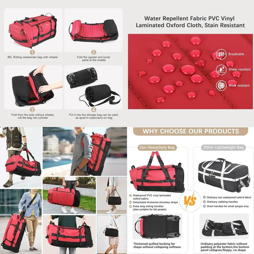 86L Rolling Duffle Bag with Wheels & 30 Dual Wheel Backpack, Red, Travel Bag with Shoe Compartment