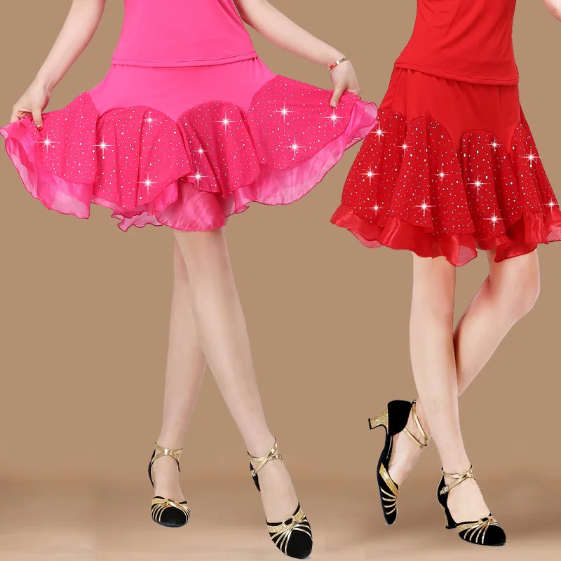 Sexy Women's Adult Professional Sequin Latin Dance Skirt Shortie Slimming Elastic Waist Fitn Square Dancing Skirt Milk Silk ﻿