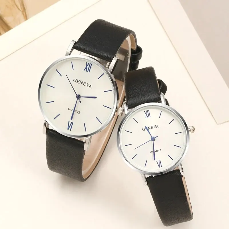 2PCS Set Couple Fashion Casual Black Leather Watches Ladies Simple Dial Quartz Wristwatches Dress Clock Montre Femme